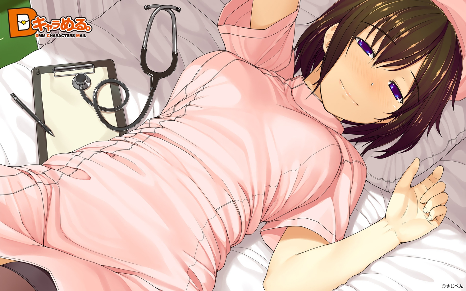 bed, d_chara_mail, dmm, nurse, purple_eyes, short_hair, tagme_(artist)