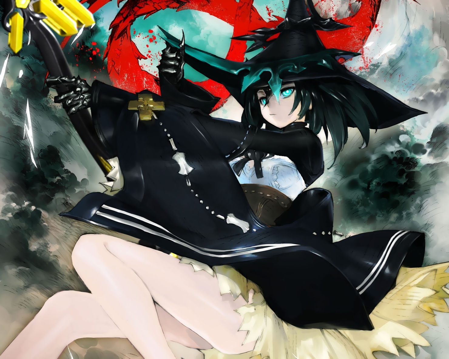 aqua_eyes, black_hair, black_rock_shooter, black_rock_shooter_arcana, cropped, elder_caster, hat, jpeg_artifacts
