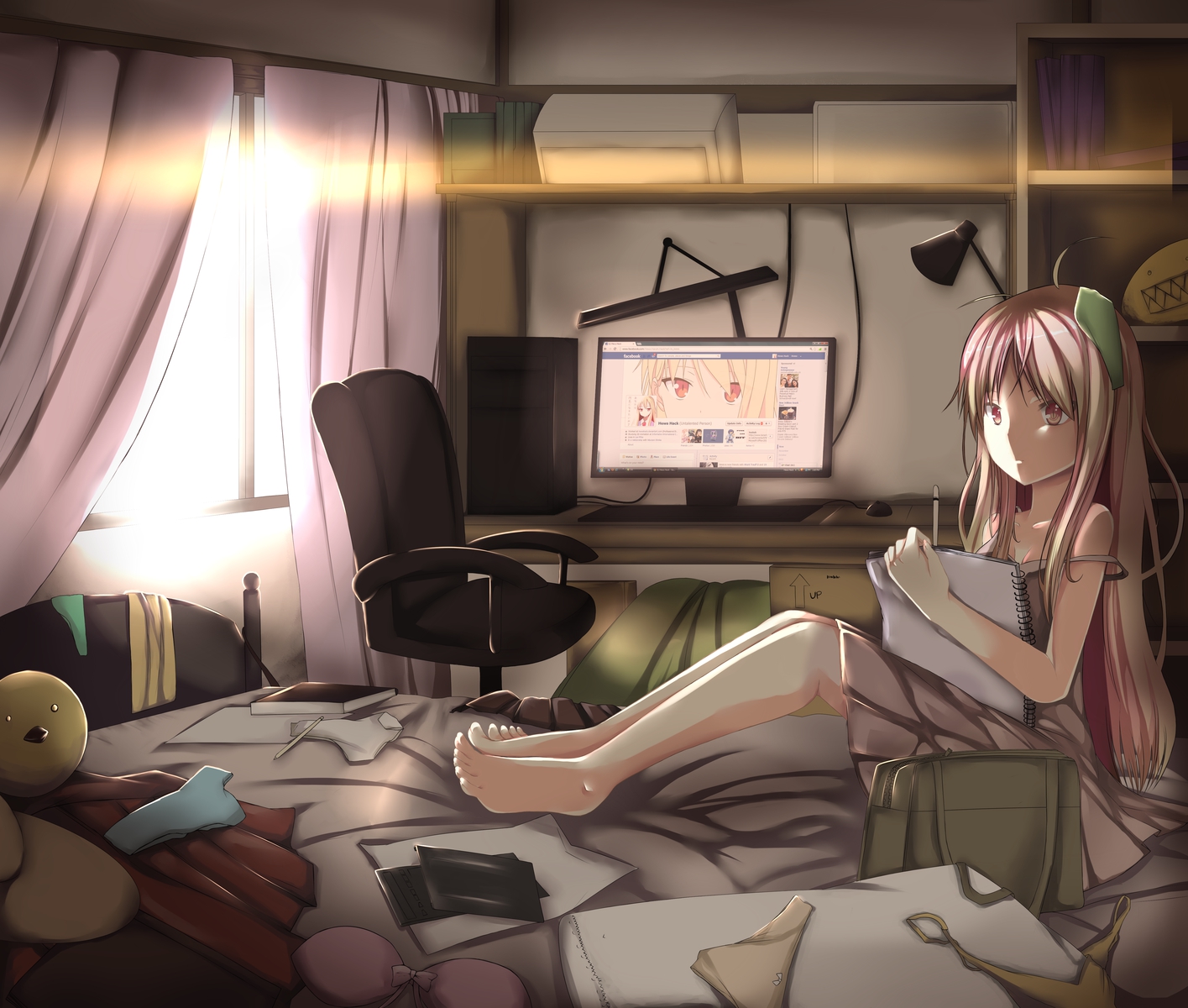barefoot, bed, computer, hewsack, long_hair, orange_eyes, panties, sakura-sou_no_pet_na_kanojo