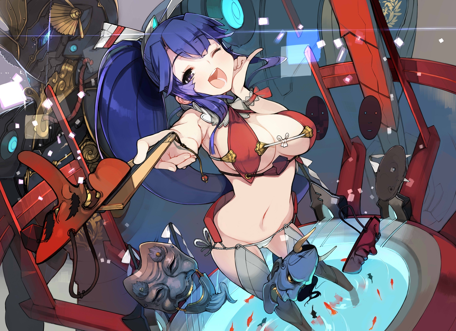 animal, blue_hair, breasts, cleavage, fan, fish, izuru_(timbermetal), mask, original, thighhighs, water, wink