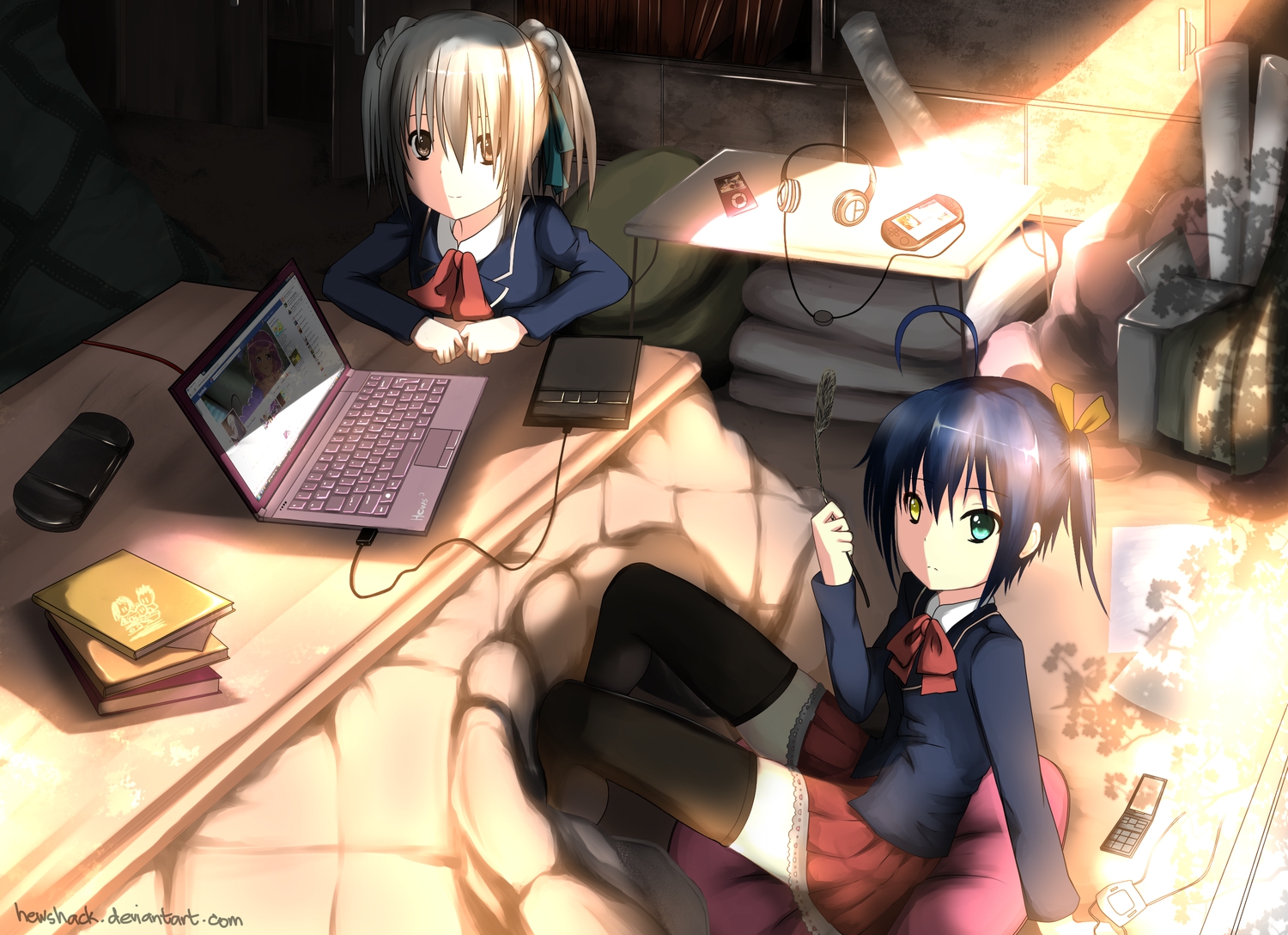 chuunibyou_demo_koi_ga_shitai!, computer, crossover, eyepatch, hewsack, momo_velia_deviluke, oda_nobuna_no_yabou, parody