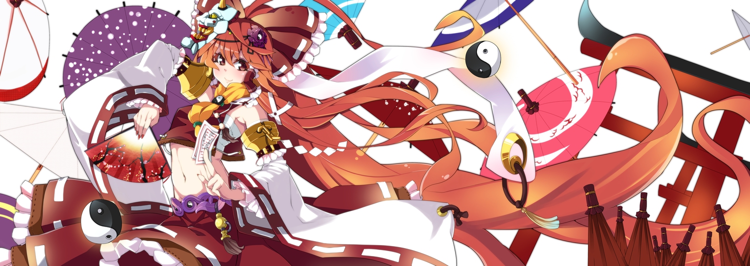 fan, hakurei_reimu, japanese_clothes, long_hair, makai, mask, miko, ofuda, torii, touhou