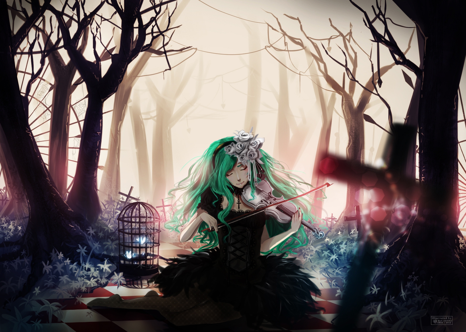 butterfly, dotentity, dress, green_hair, hatsune_miku, instrument, necklace, violin, vocaloid