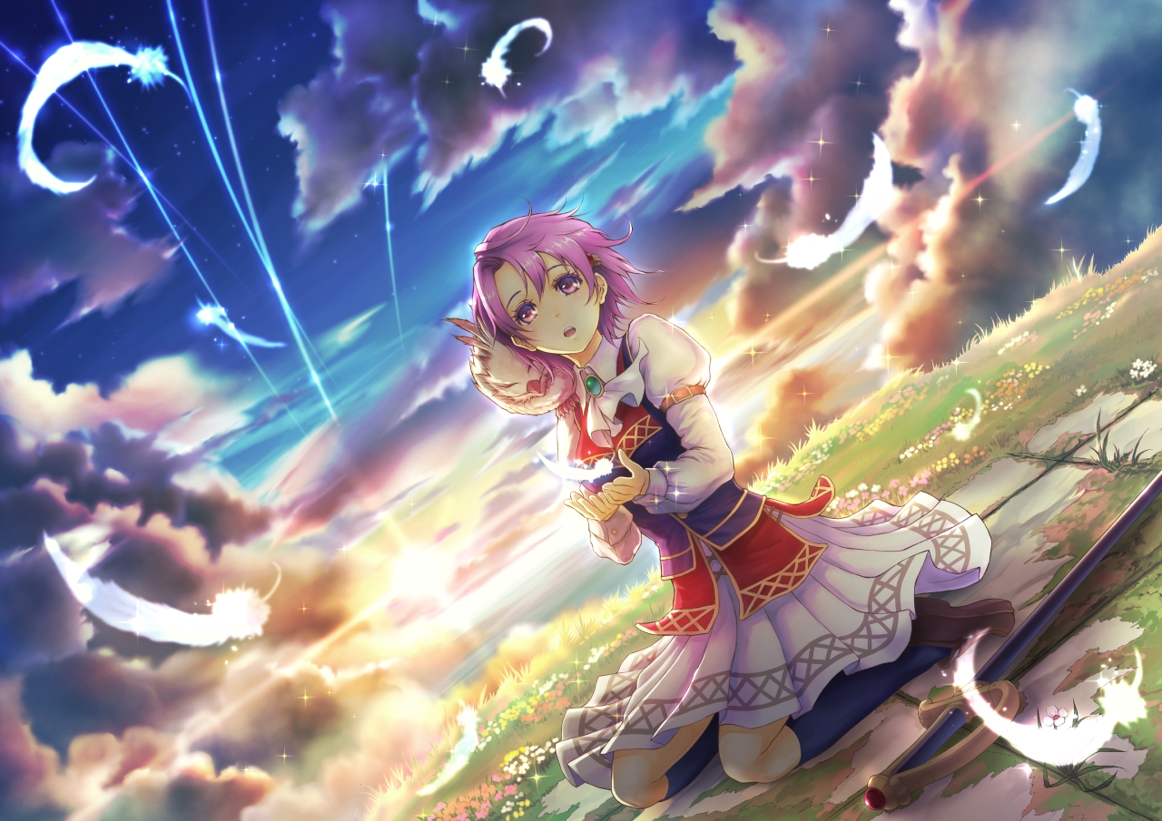 animal, bird, clouds, dress, eiyuu_densetsu, feathers, flowers, kloe_rinz, pink_eyes, pink_hair, rymerge, short_hair, sky, sora_no_kiseki, sunset, sword, weapon