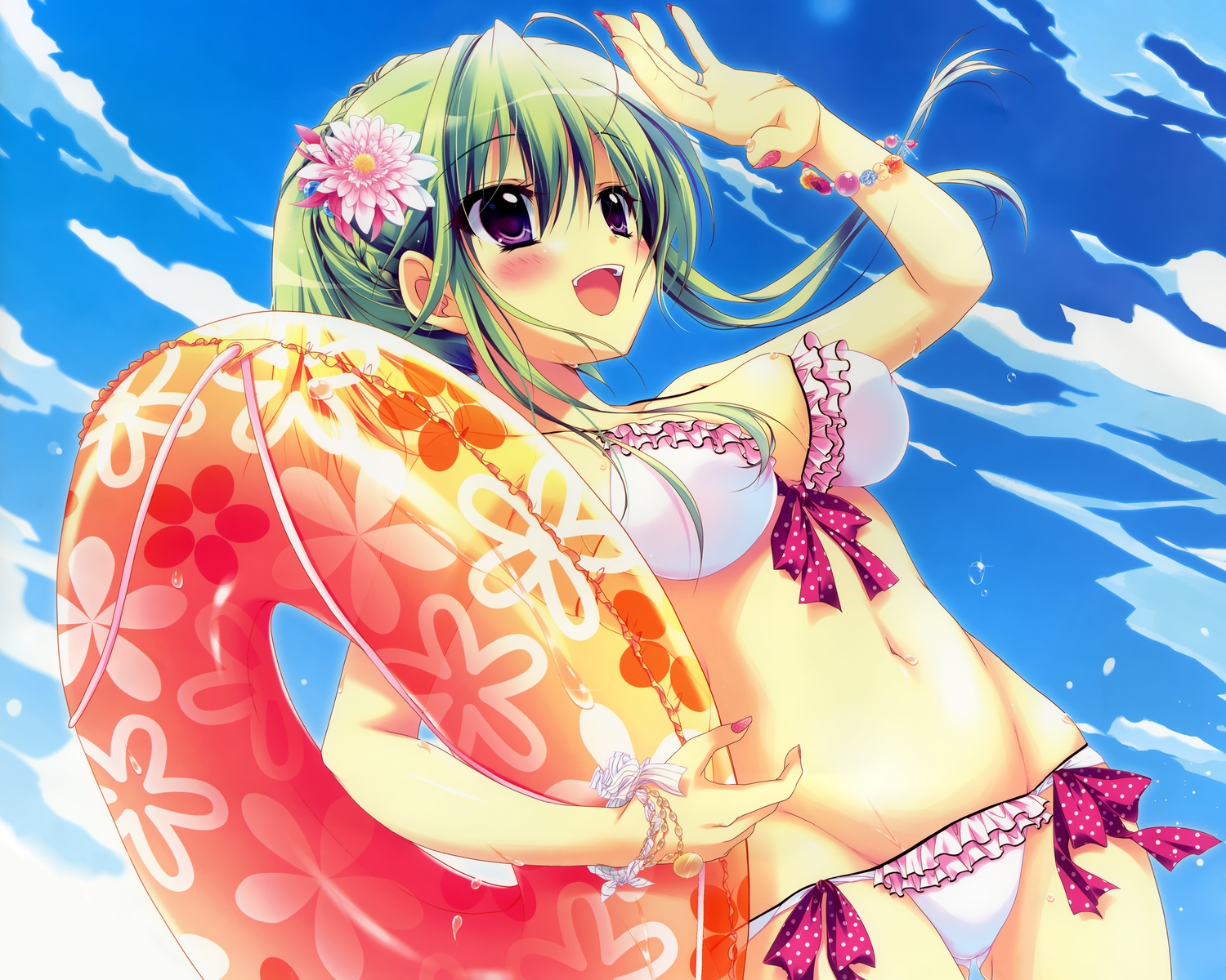 bikini, cropped, green_hair, hisuitei, izumi_tsubasu, navel, original, purple_eyes, swimsuit, wet