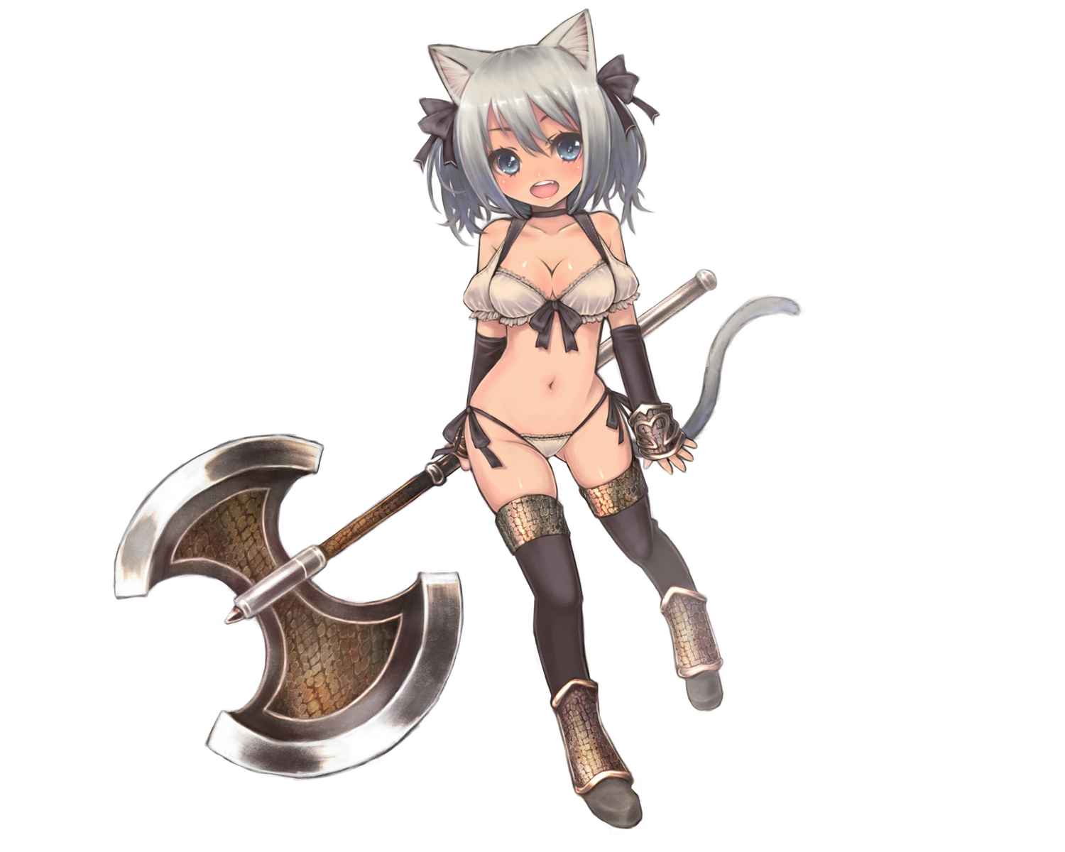 animal_ears, breasts, catgirl, cleavage, miyamae_porin, original, panties, tail, thighhighs, underwear, weapon, white