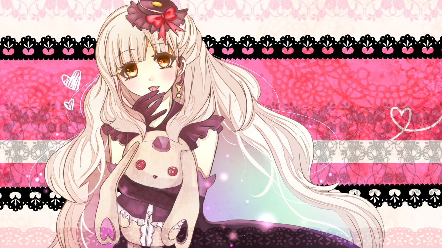 blonde_hair, chaperu_(mukuone), doll, elbow_gloves, fang, gloves, long_hair, mayu_(vocaloid)