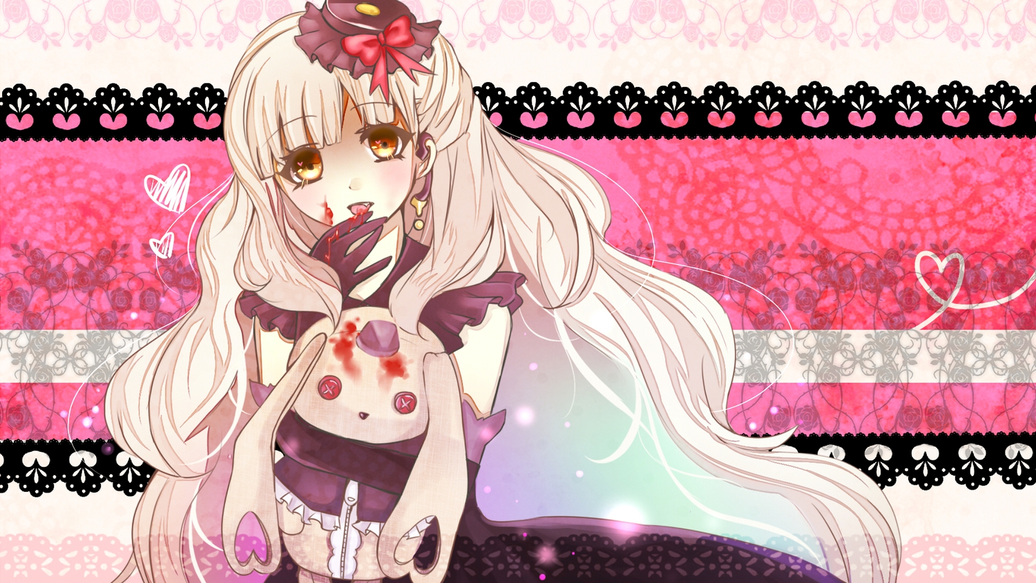 blonde_hair, blood, chaperu_(mukuone), doll, elbow_gloves, fang, gloves, long_hair