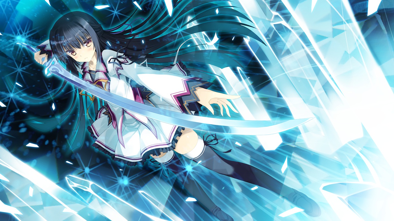 black_hair, eufonie, game_cg, kamishiro_touko, koiken_otome, long_hair, school_uniform, sword, tateha, thighhighs, weapon