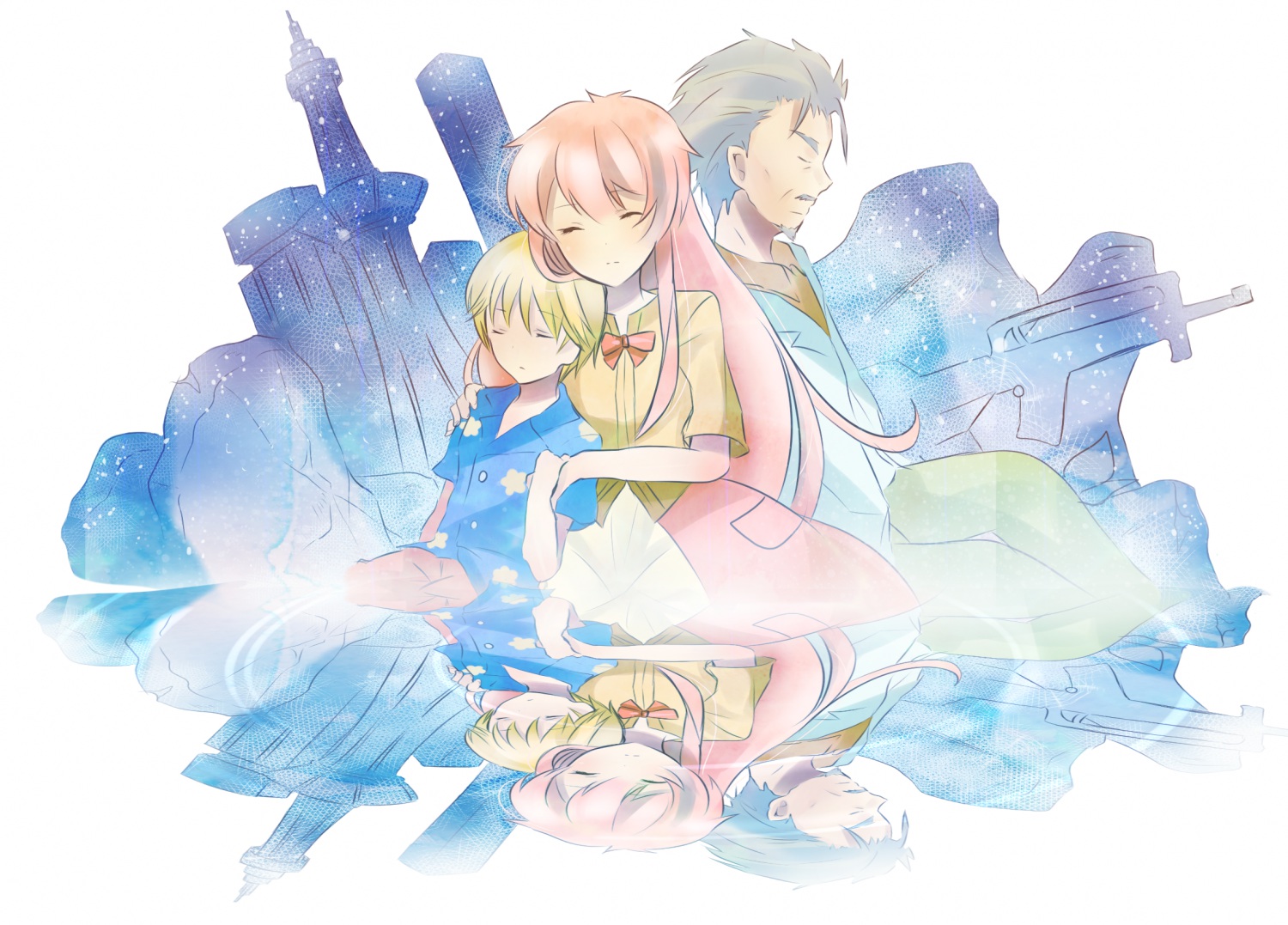 blonde_hair, dress, grandfather_(jinrui_wa_suitai_shimashita), gray_hair, hisaori_riko, jinrui_wa_suitai_shimashita, joshu-san, pink_hair, watashi_(jinrui_wa_suitai_shimashita), water