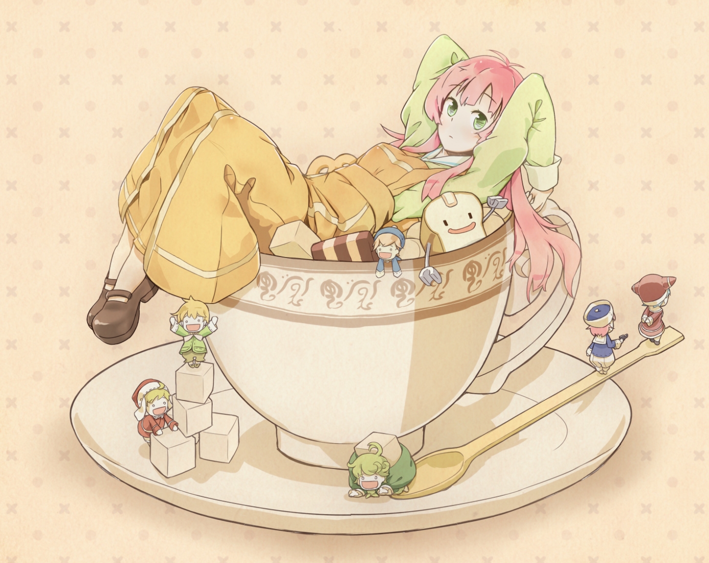 doyou_tengoku_pikaraji, dress, food, green_eyes, jinrui_wa_suitai_shimashita, long_hair, pink_hair, watashi_(jinrui_wa_suitai_shimashita)
