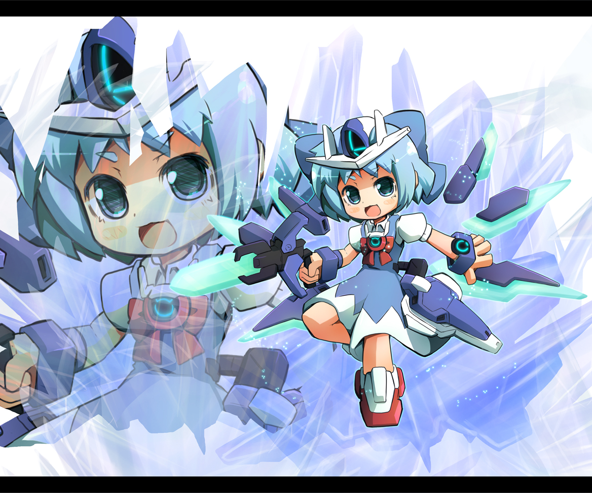 blue_eyes, blue_hair, cirno, fairy, garoudo_(kadouhan'i), mechagirl, short_hair, touhou, weapon