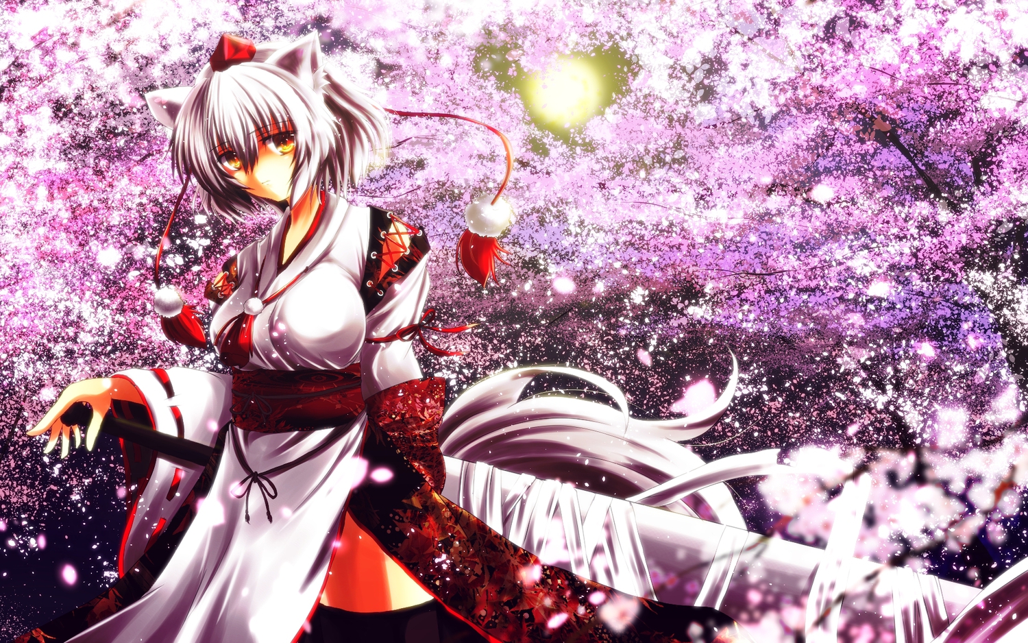 animal_ears, cherry_blossoms, flowers, inubashiri_momiji, nekominase, tail, touhou, weapon