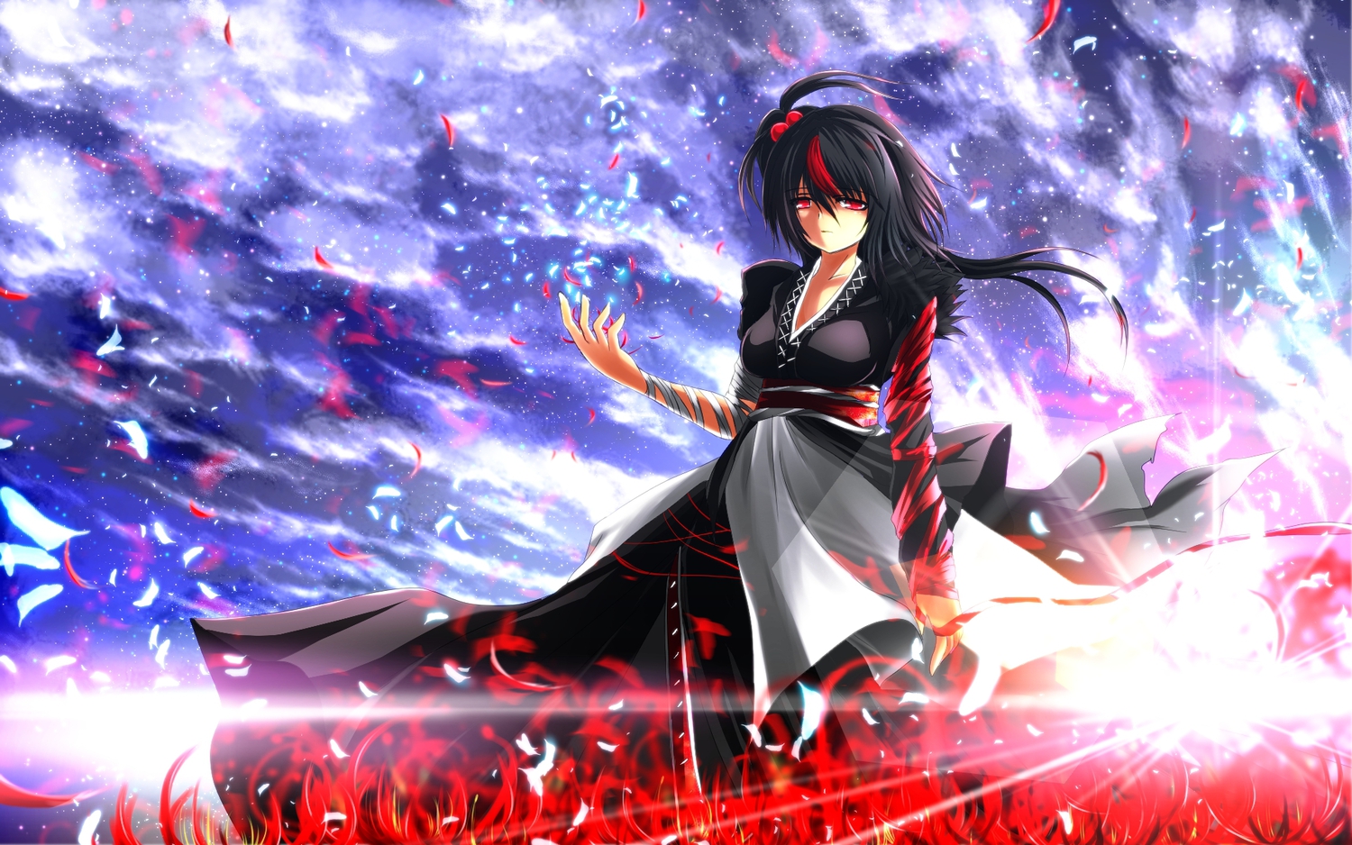 black_hair, clouds, nekominase, onozuka_komachi, petals, red_eyes, short_hair, sky, stars, touhou