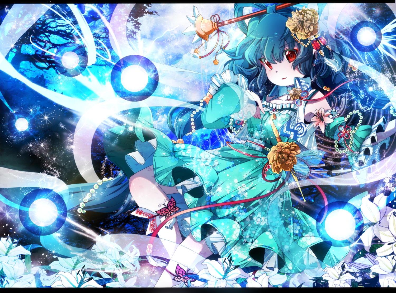 blue_hair, dress, fumiko_(miruyuana), kaku_seiga, red_eyes, touhou
