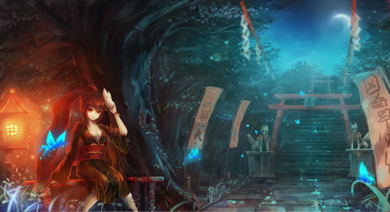 butterfly, erect_nipples, hatsune_miku, japanese_clothes, mask, moon, musunde_hiraite_rasetsu_to_mukuro_(vocaloid), night, stairs, torii, vocaloid, zerii_(cdcdqqq)