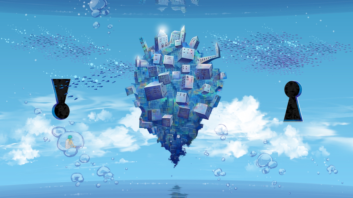 animal, bubbles, building, clouds, fish, hatsune_miku, sky, suishougensou