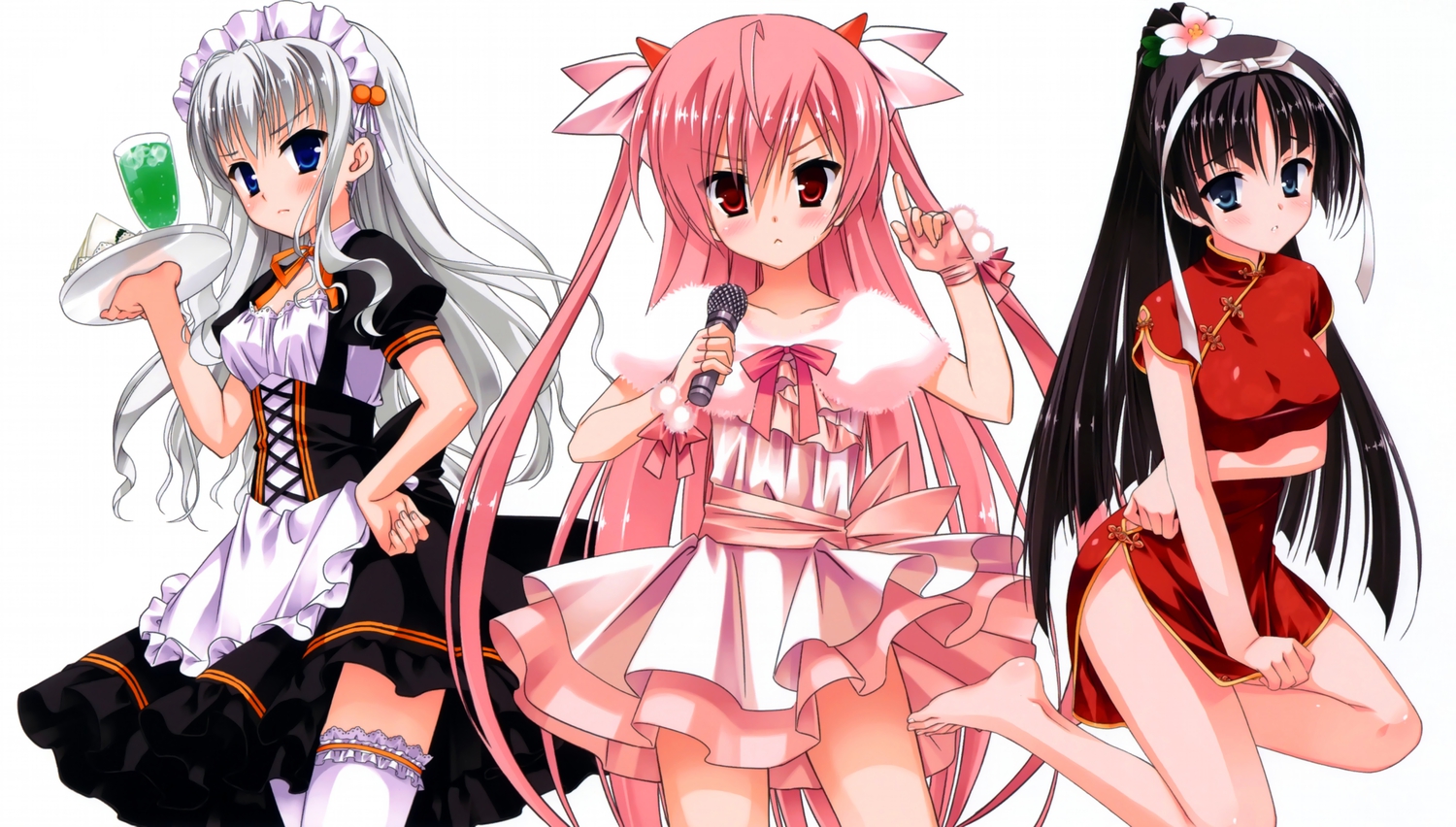 black_hair, blush, chinese_clothes, chinese_dress, dress, garter, hidan_no_aria, hotogi_shirayuki, jeanne_d'arc_(hidan_no_aria), kanzaki_h_aria, kobuichi, long_hair, pink_hair, thighhighs, waitress, white, white_hair