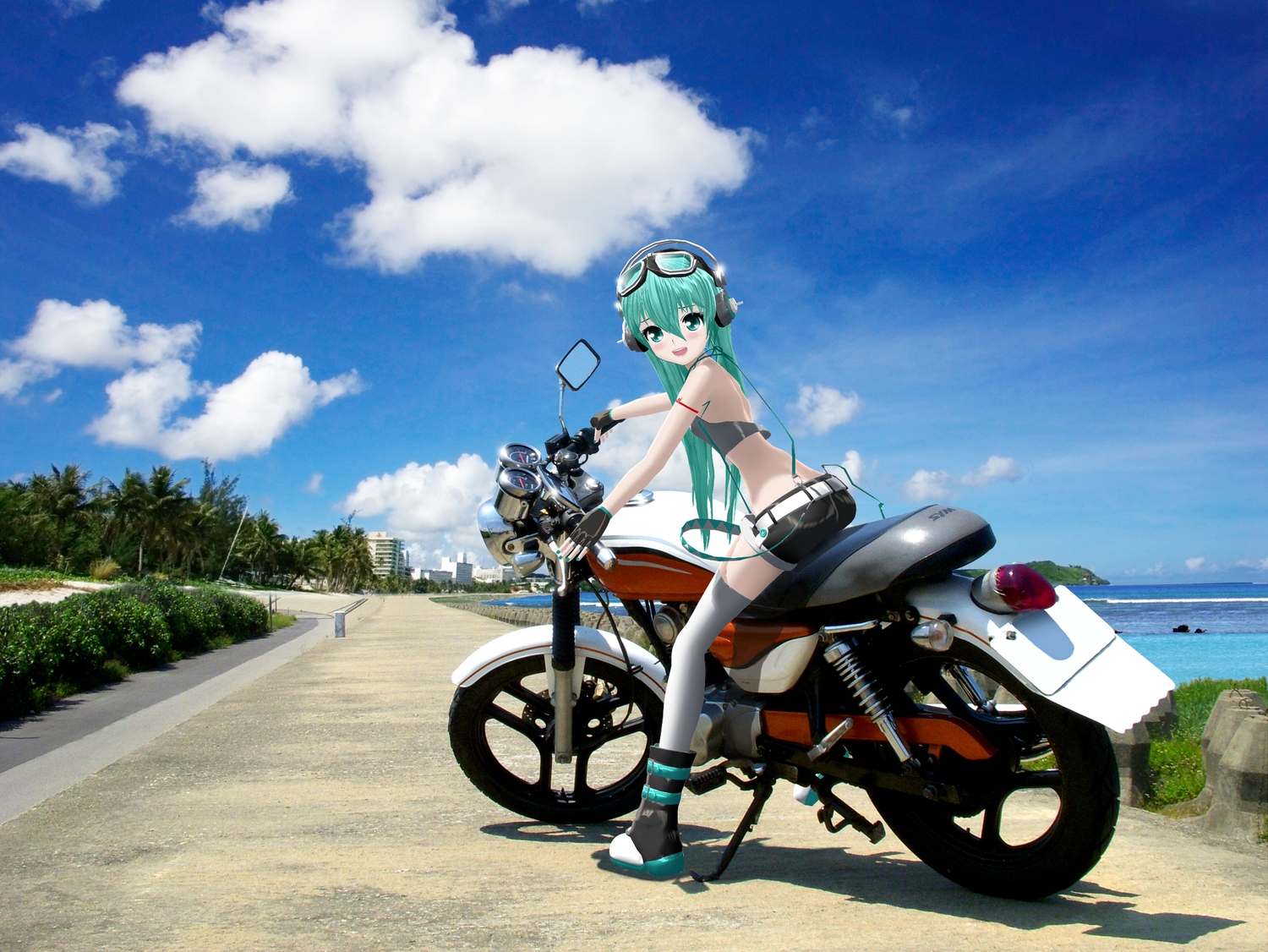 3d, aqua_eyes, aqua_hair, ektyr_y, hatsune_miku, headphones, motorcycle, photo, realistic, shorts, tagme, thighhighs, vocaloid