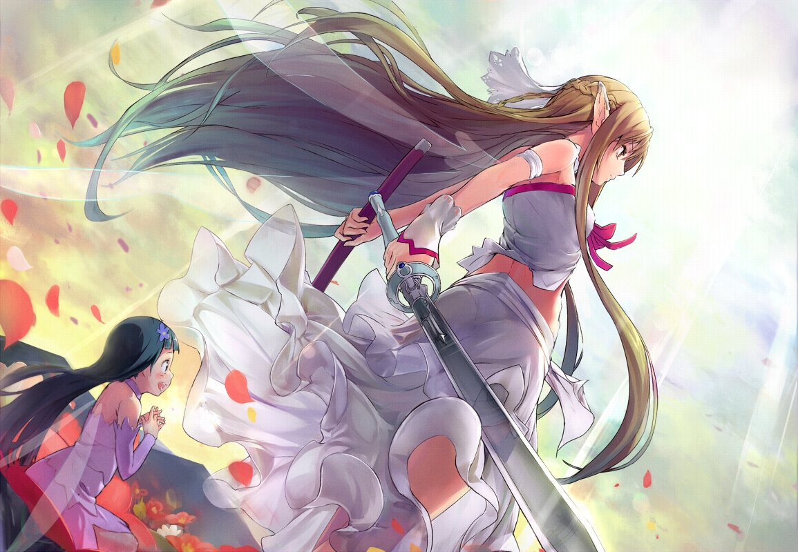 dress, gloves, long_hair, petals, pointed_ears, shouin, sword, sword_art_online