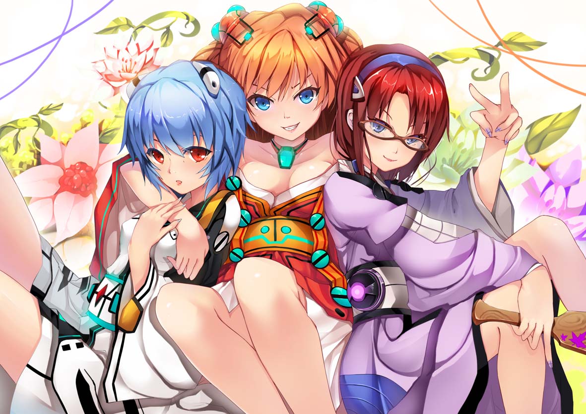 ayanami_rei, blue_eyes, blue_hair, breasts, brown_hair, cleavage, flowers, glasses