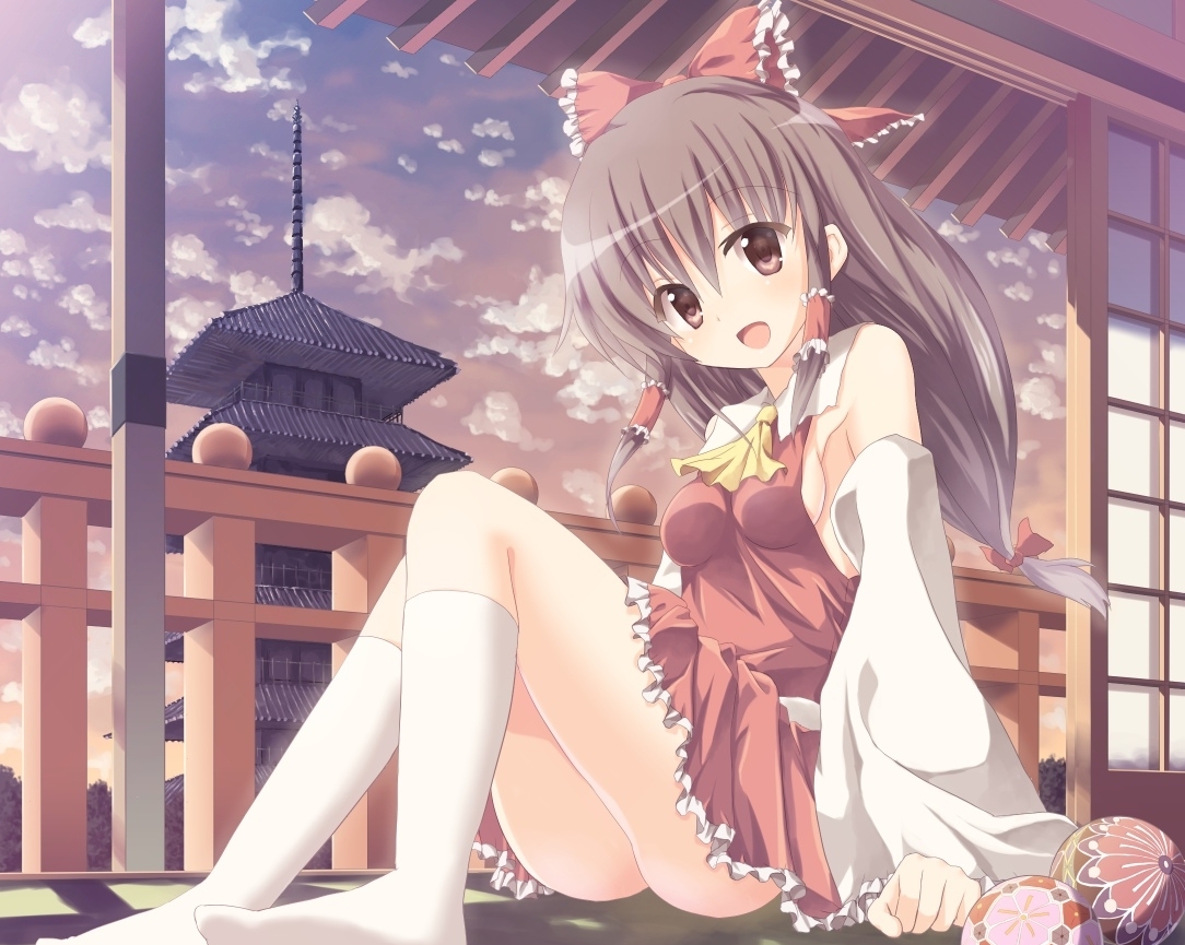 ball, bow, breasts, brown_hair, building, dress, francis_(ohne), hakurei_reimu, japanese_clothes, miko, sideboob, touhou