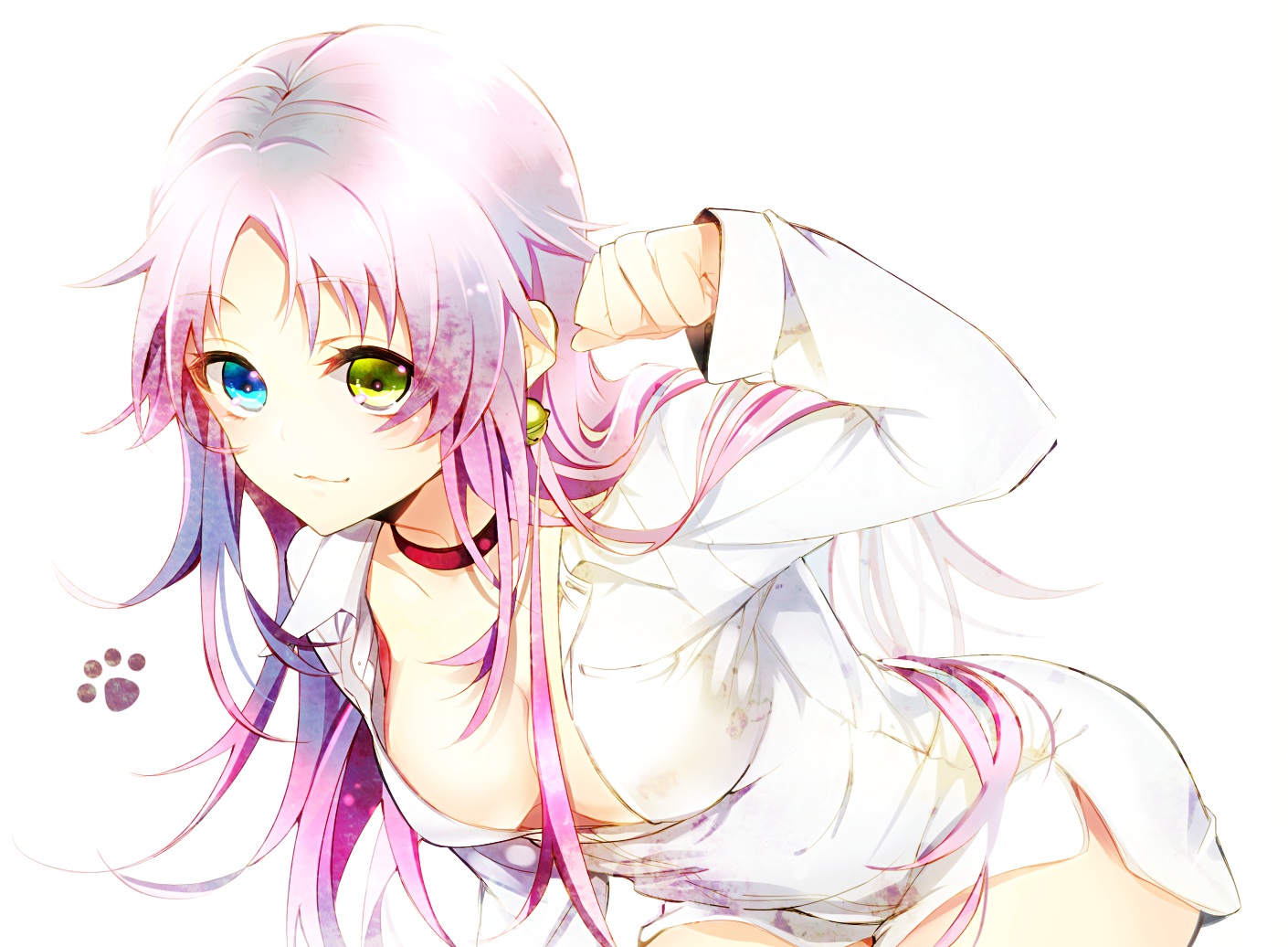 animal, bicolored_eyes, breasts, cat, cleavage, collar, k_(anime), long_hair, mmm-suke, neko_(k), pink_hair, white