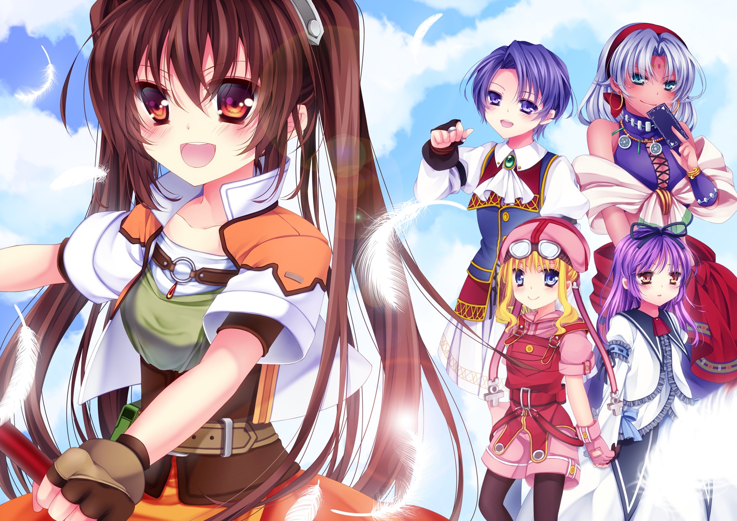 blonde_hair, blue_eyes, blush, brown_eyes, brown_hair, eiyuu_densetsu, estelle_bright, feathers