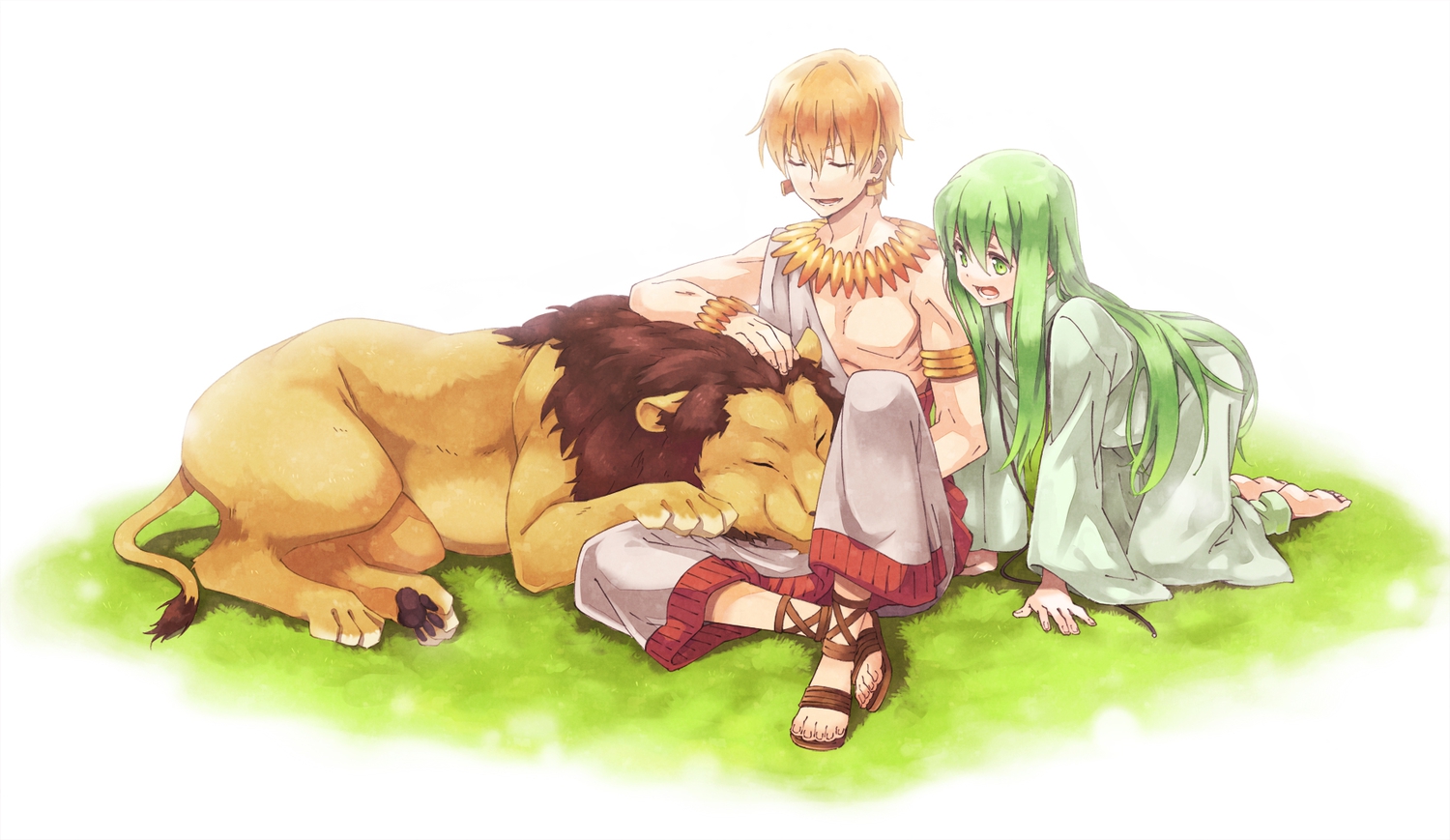 all_male, animal, barefoot, enkidu, fate_(series), fate/stay_night, fate/strange_fake, fate/zero, gilgamesh, grass, green_eyes, green_hair, lion, male, orange_hair, tsu