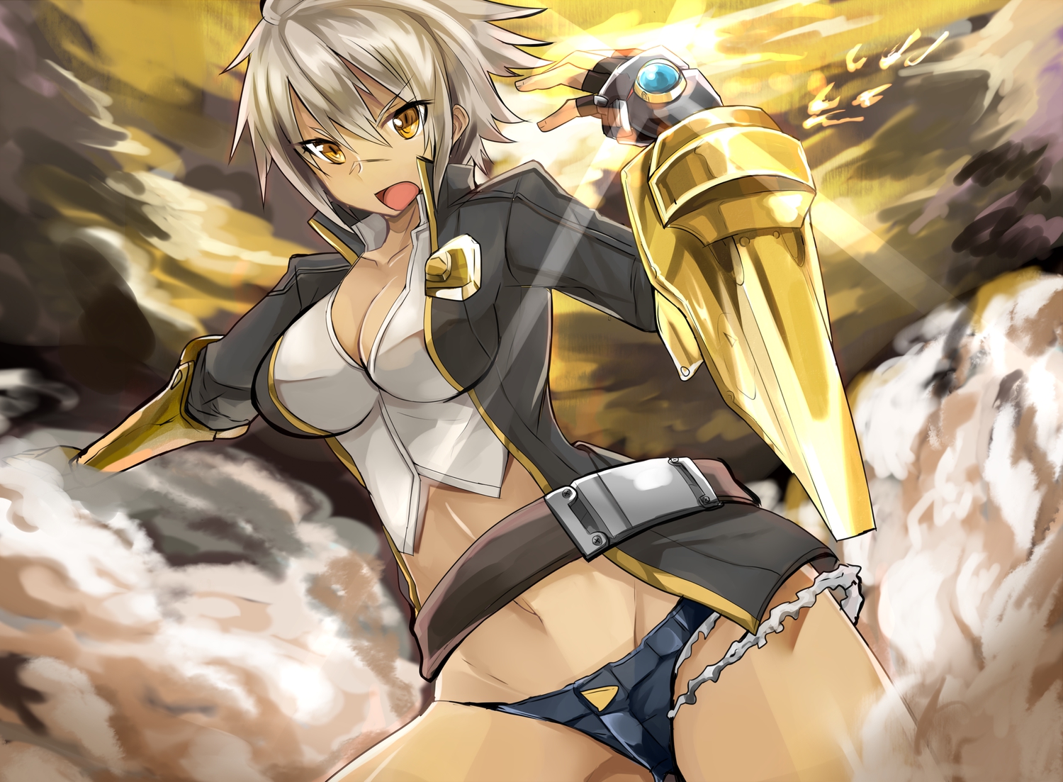 armor, blazblue, blonde_hair, breasts, bullet_(blazblue), cleavage, dark_skin, haik, navel, short_hair, shorts, sky, tagme, white_hair, yellow_eyes
