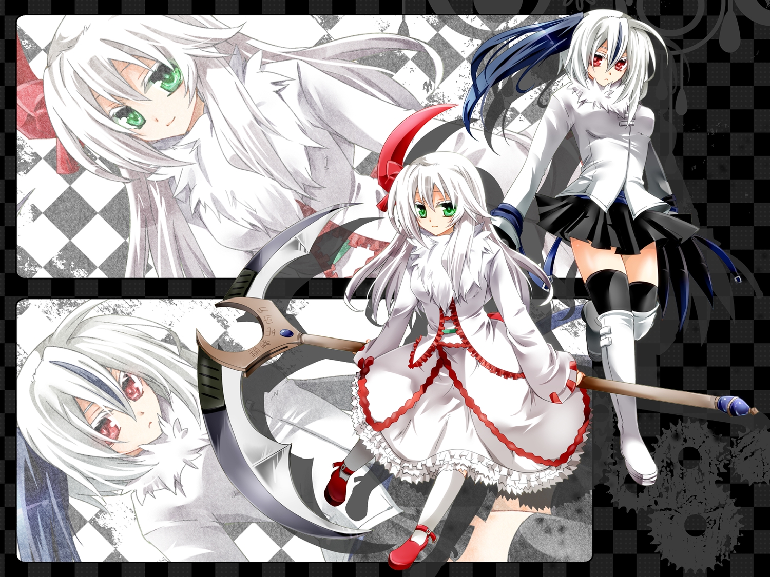 absol, anthropomorphism, green_eyes, pokemon, red_eyes, scythe, weapon, white_hair