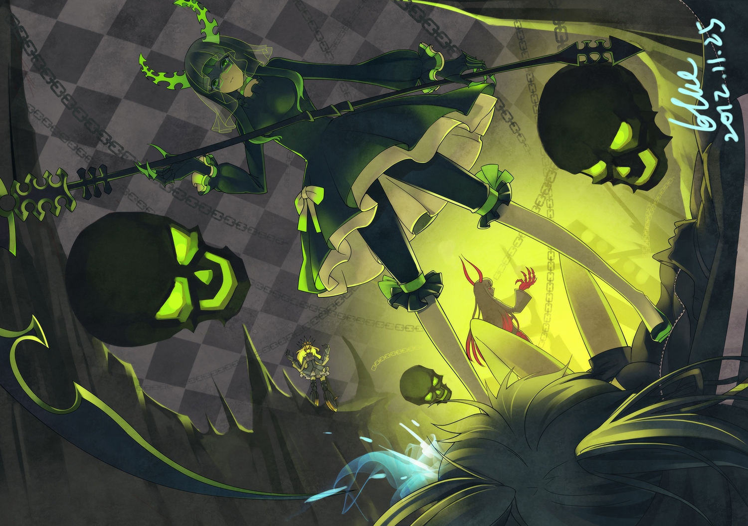 black_rock_shooter, blue_(artist), glasses, horns, irino_saya, izuriha_kagari, kuroi_mato, skull, takanashi_yomi, weapon