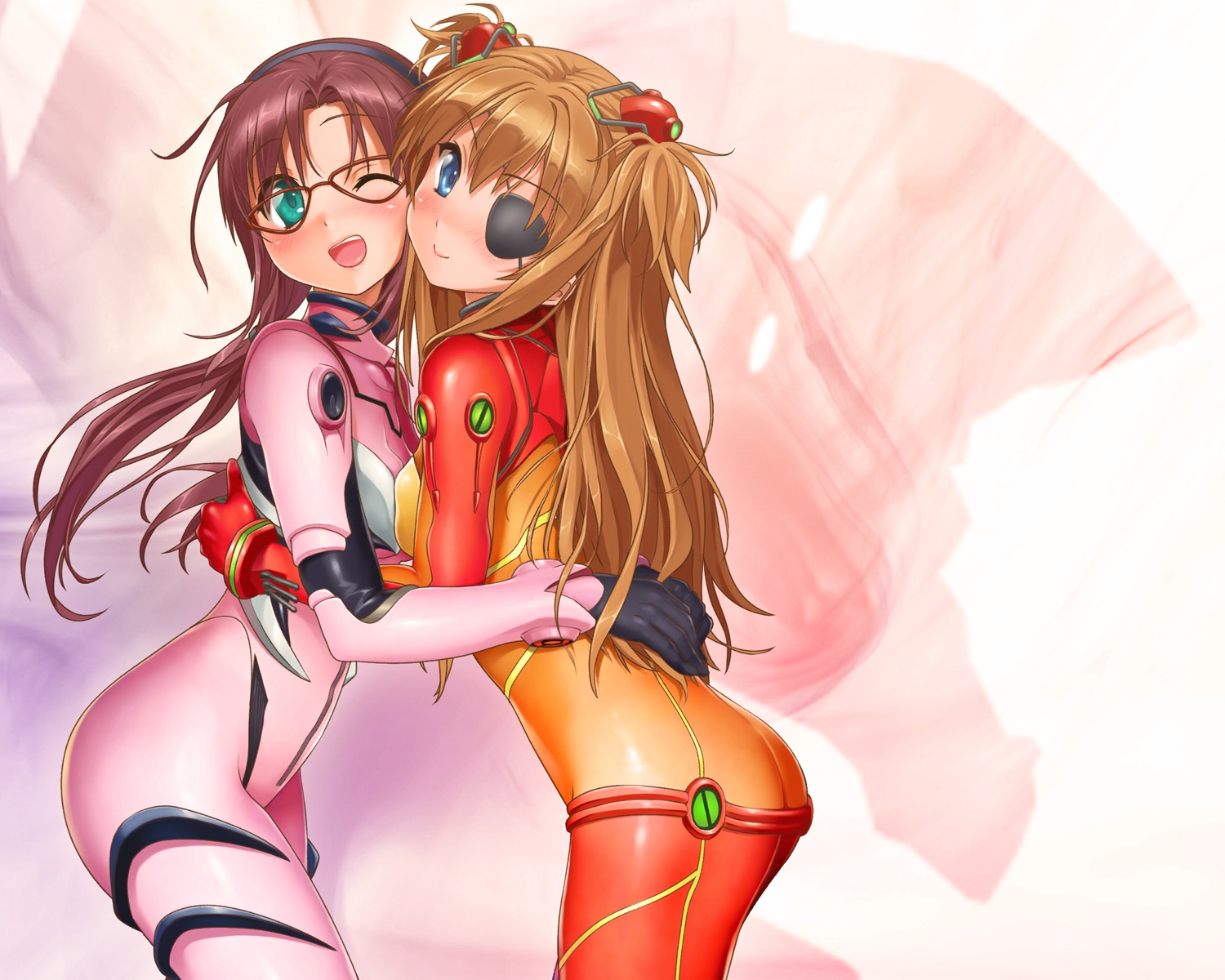 2girls, blush, bodysuit, eyepatch, glasses, long_hair, makinami_mari_illustrious, misakamitoko0903