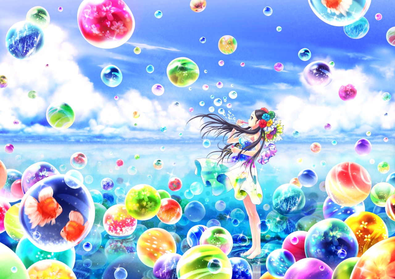 barefoot, black_hair, bubbles, clouds, dress, long_hair, original, rymerge, sky, water