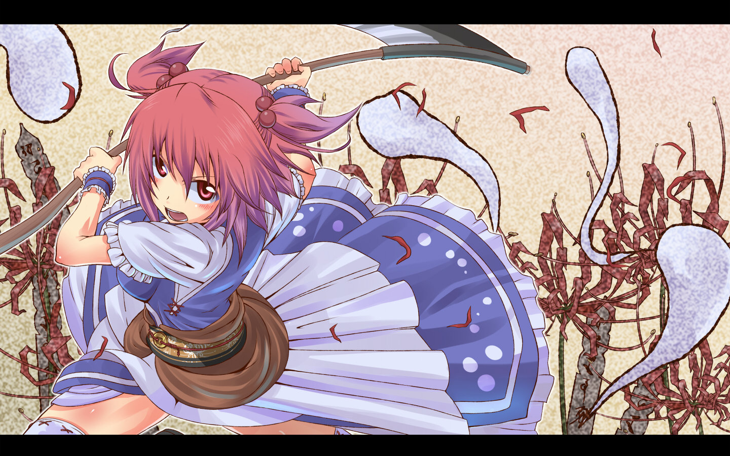 flowers, irie_(masaki), onozuka_komachi, red_eyes, red_hair, short_hair, thighhighs, touhou, twintails