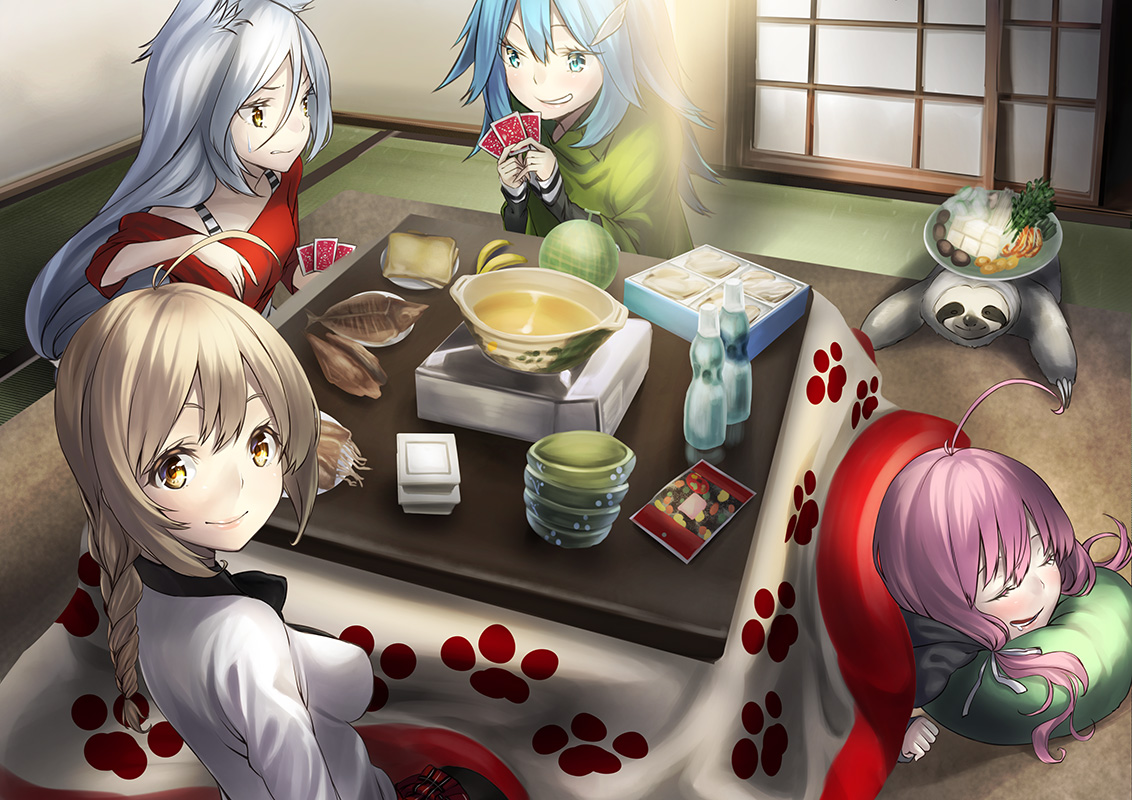 animal, animal_ears, aqua_eyes, blue_hair, brown_eyes, food, kotatsu, long_hair