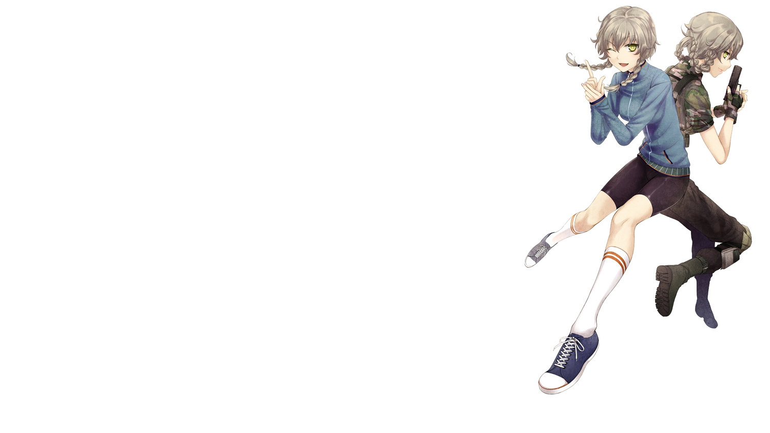 amane_suzuha, bike_shorts, boots, braids, gloves, gray_hair, green_eyes, gun, nidoro, shorts, socks, steins;gate, weapon, wink