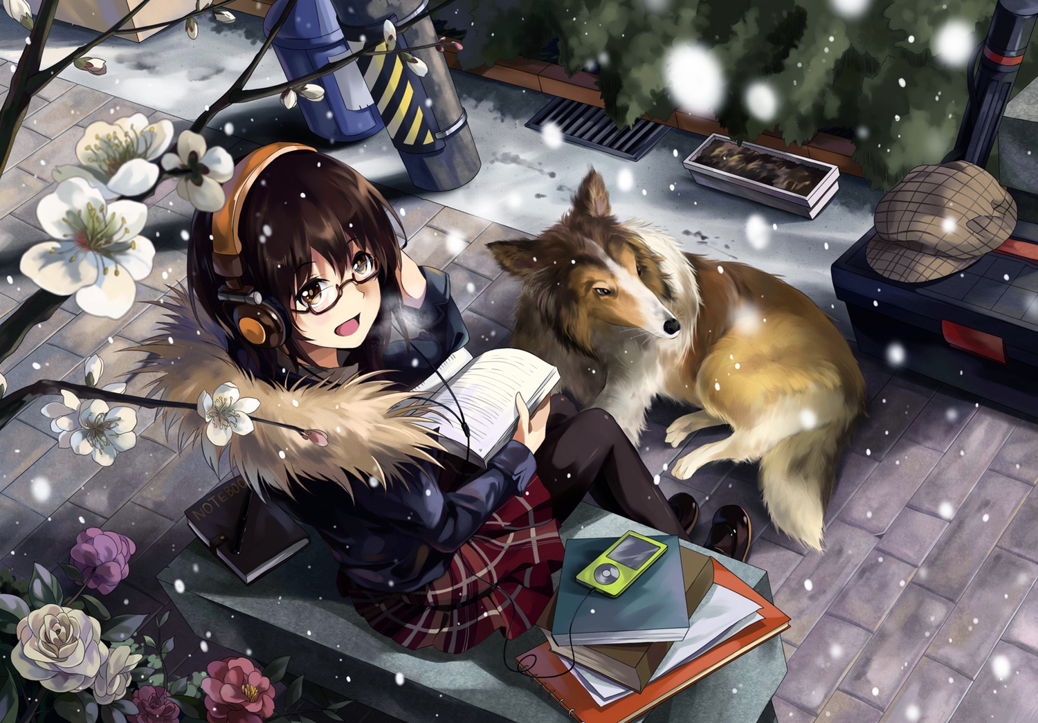 animal, dog, glasses, headphones, neko_(yanshoujie), original, pantyhose, school_uniform