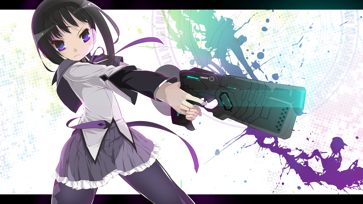 akemi_homura, black_hair, gun, kuro_chairo_no_neko, mahou_shoujo_madoka_magica, pantyhose, parody, psycho-pass, school_uniform, weapon