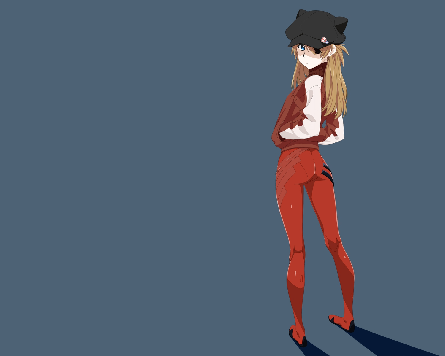 bodysuit, brown_hair, chikuisi, eyepatch, gray, hat, long_hair, neon_genesis_evangelion, skintight, soryu_asuka_langley