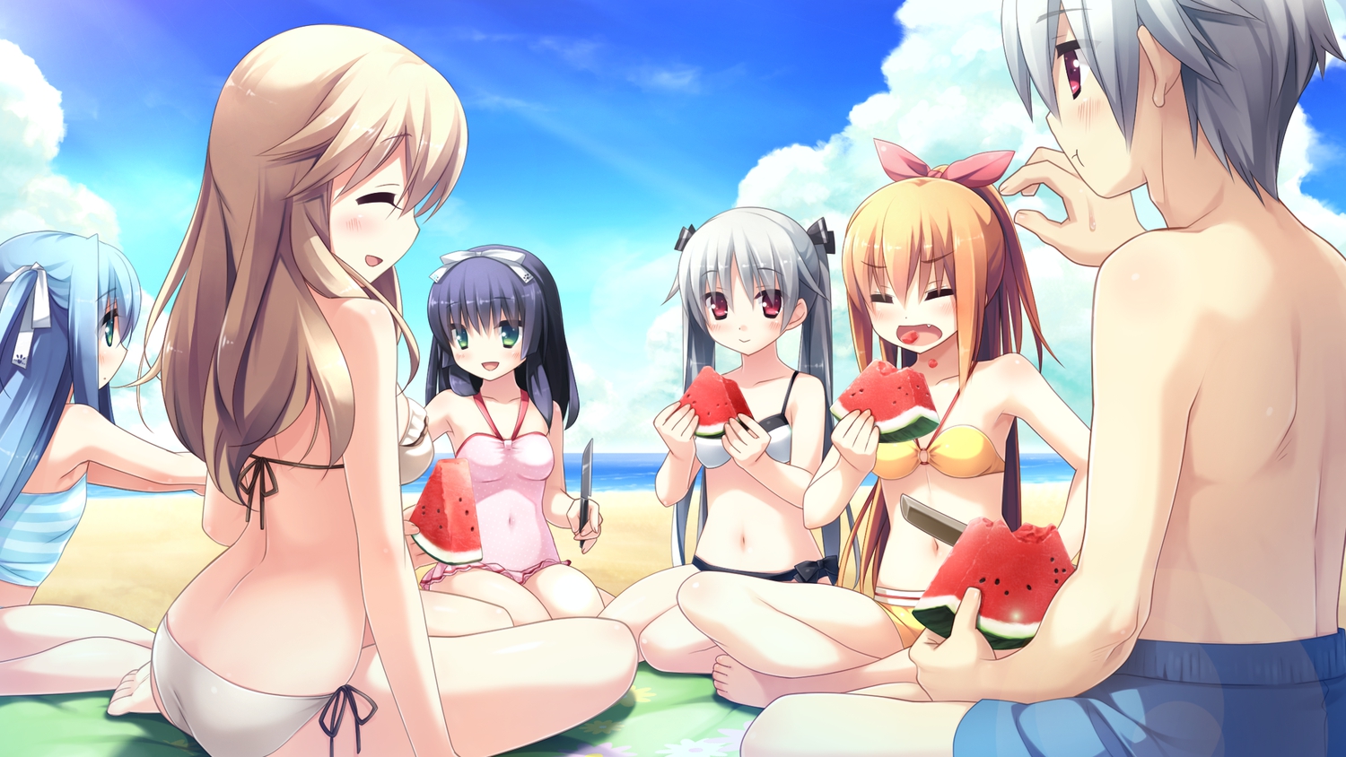 beach, bikini, black_hair, blue_hair, brown_hair, cube, food, fruit