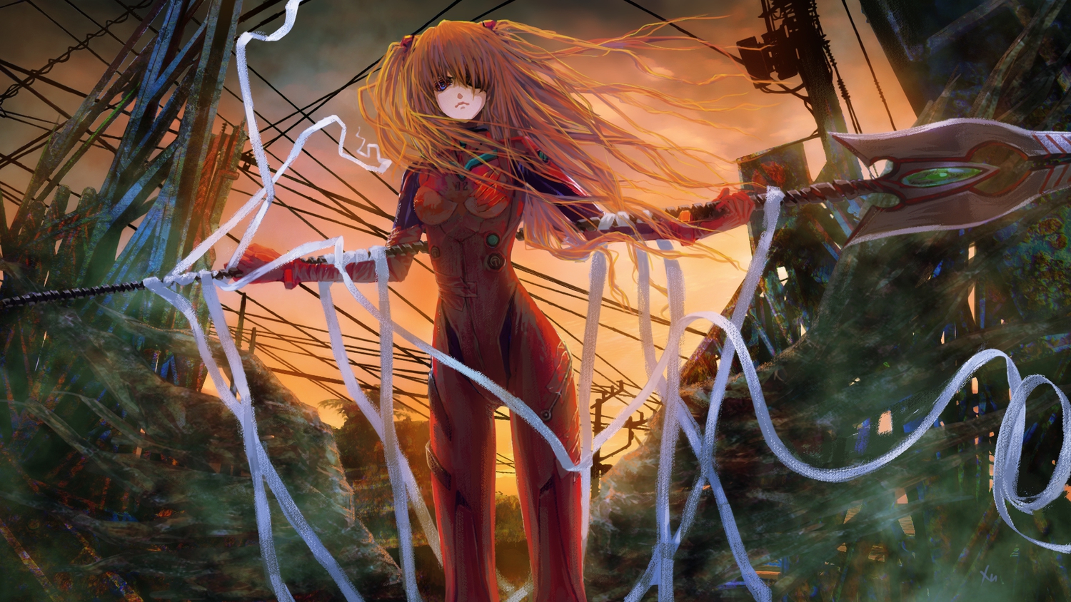 blue_eyes, bodysuit, brown_hair, eyepatch, heiyuen, long_hair, neon_genesis_evangelion, ribbons