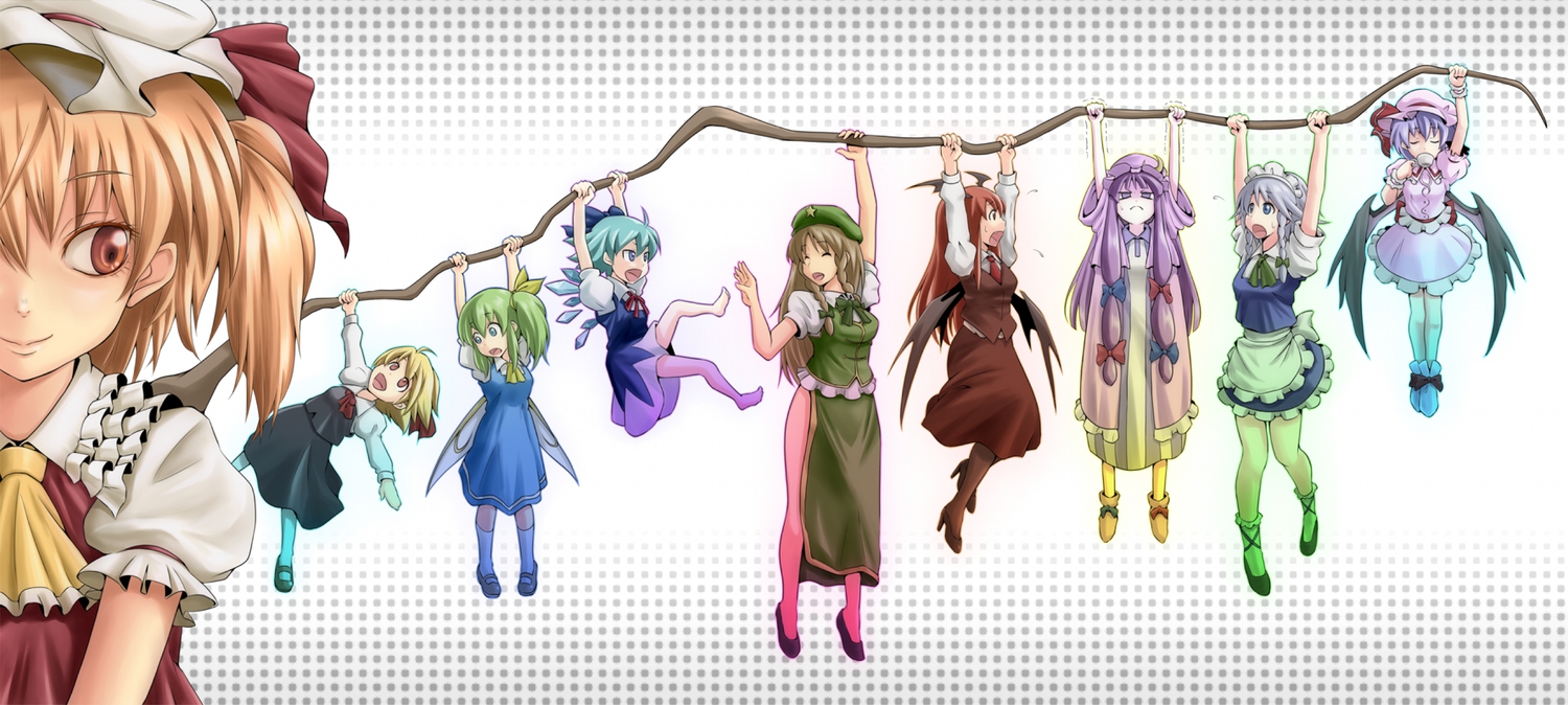 ao_usagi, blonde_hair, blush, cirno, daiyousei, demon, fairy, flandre_scarlet, group, hong_meiling, izayoi_sakuya, koakuma, maid, patchouli_knowledge, red_eyes, remilia_scarlet, rumia, touhou, vampire, white