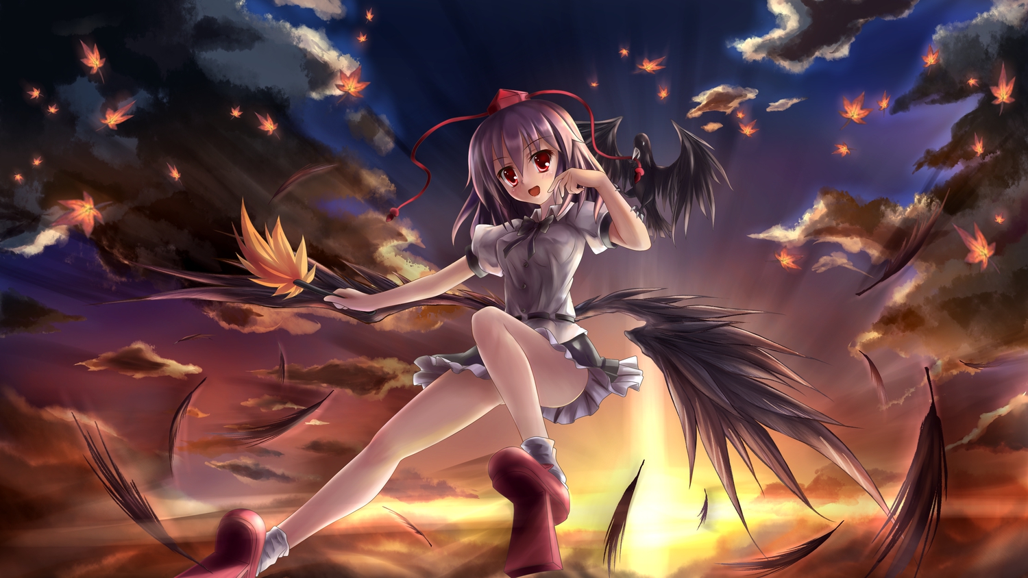murasaki_shitsu, shameimaru_aya, sunset, touhou