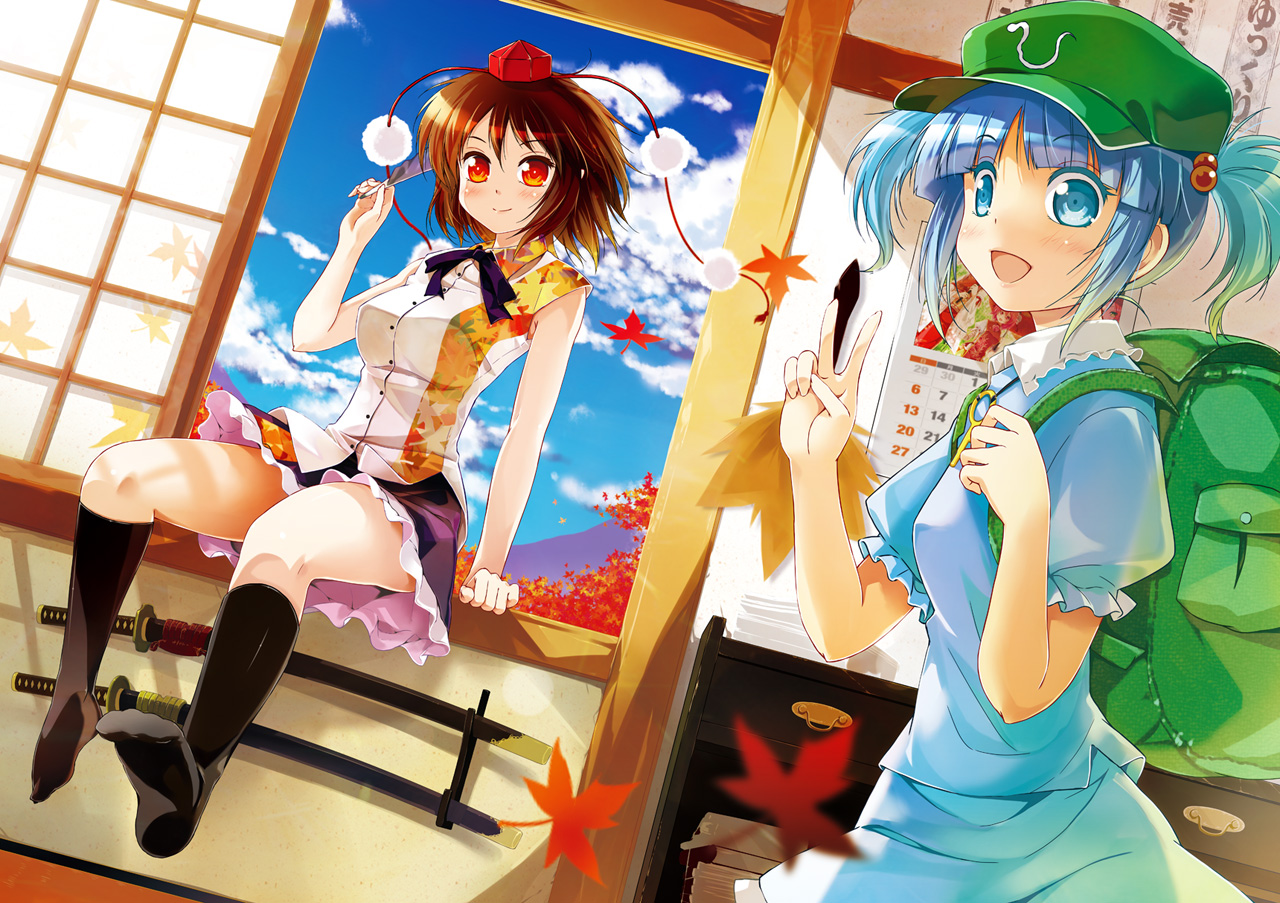 2girls, blue_eyes, blue_hair, blush, brown_hair, clouds, hat, katana