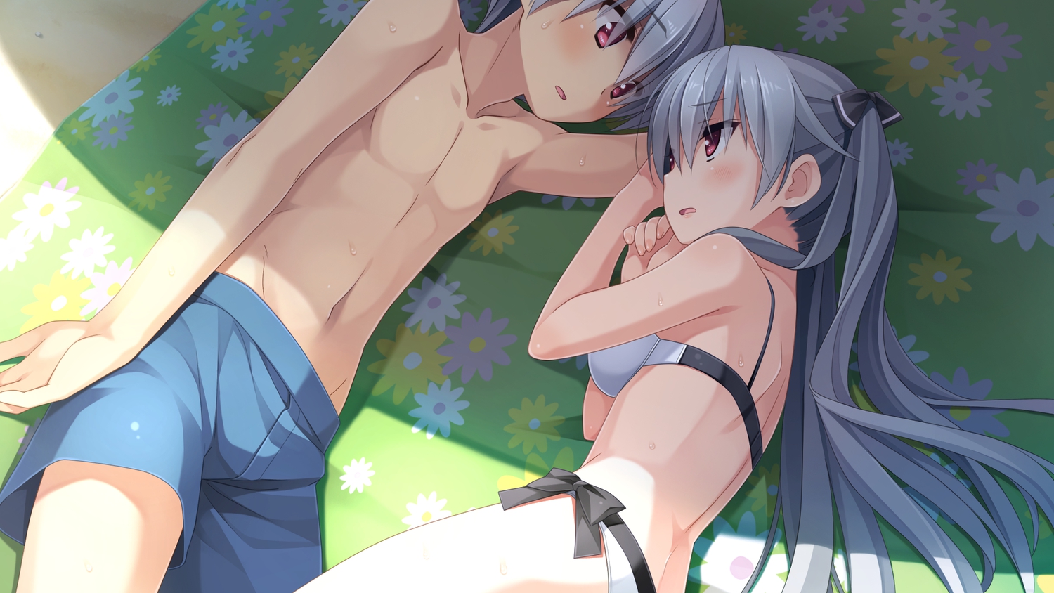 beach, bikini, blush, cube, flowers, game_cg, gray_hair, kanekiyo_miwa