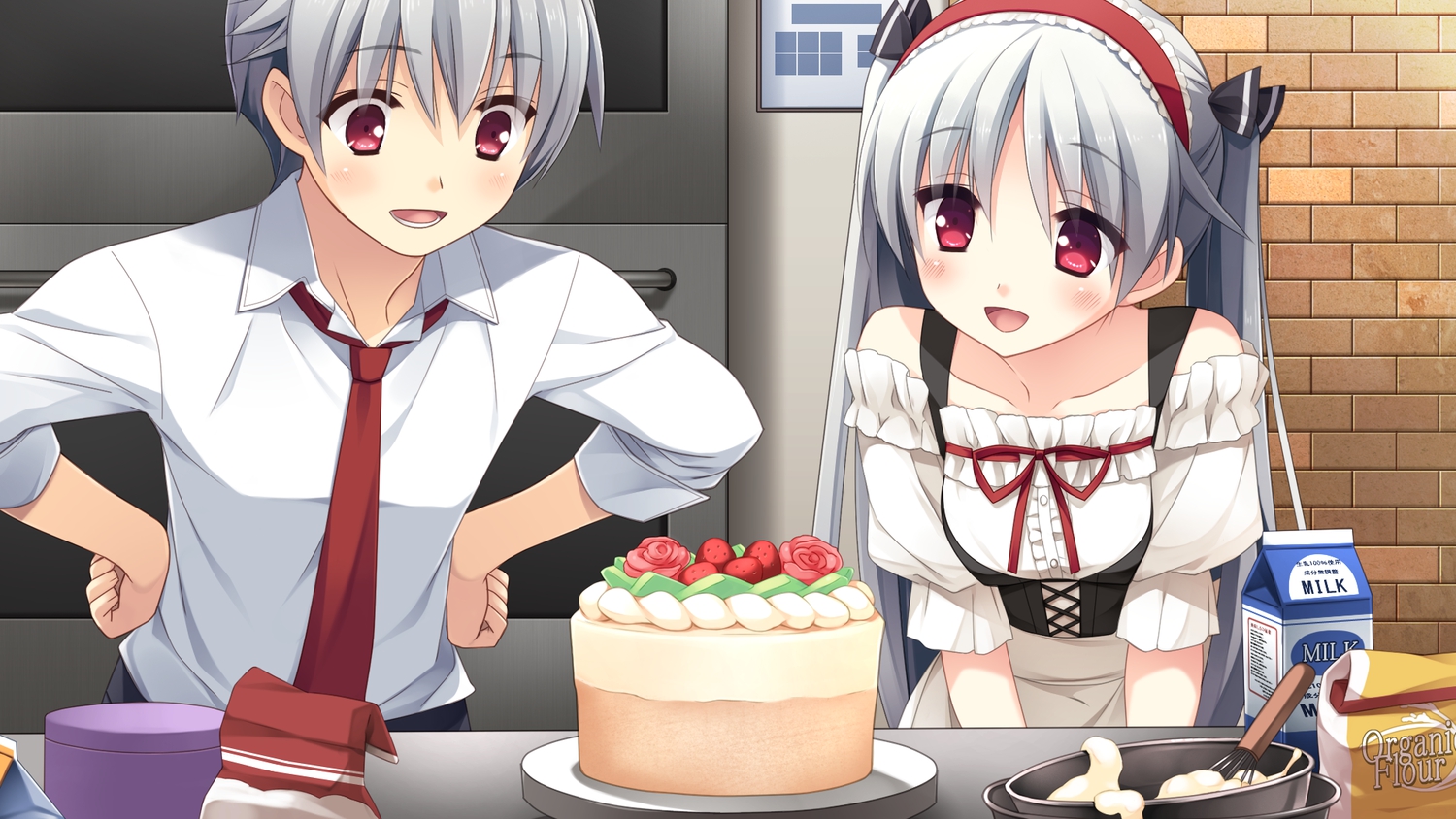cake, cube, food, fruit, game_cg, gray_hair, headband, kanekiyo_miwa