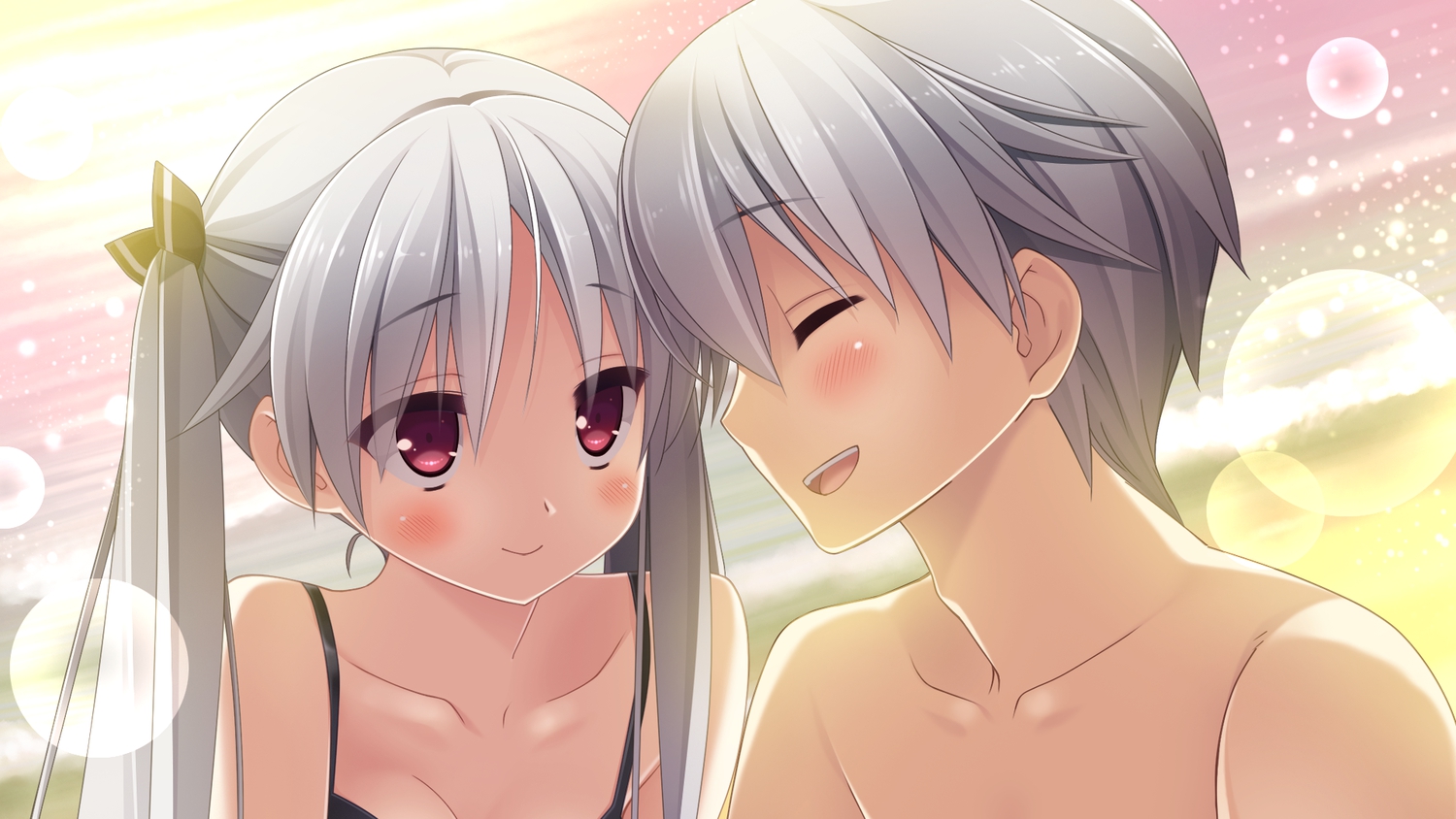 blush, close, cube, game_cg, gray_hair, kanekiyo_miwa, kurano_kazuya, kurano-kunchi_no_futago_jijou