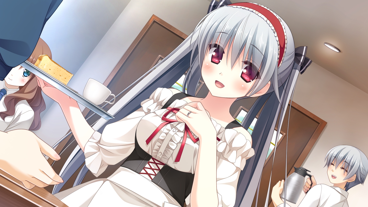 blush, cube, game_cg, gray_hair, headband, kanekiyo_miwa, kurano_kazuya, kurano-kunchi_no_futago_jijou