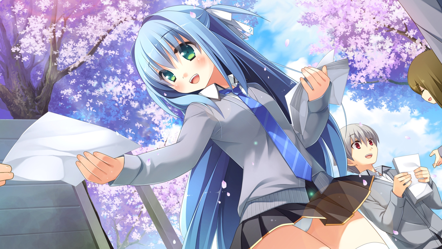 blue_hair, cherry_blossoms, cube, flowers, game_cg, green_eyes, kanekiyo_miwa, kurano_ema